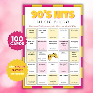 100 90s Hits Music Bingo Game with Spotify Playlist Family Reunion Game Printable Digital Download