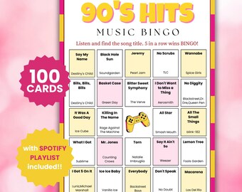 100 90er Jahre Hits Musik Bingo Spiel mit Etsy zum ausdrucken
