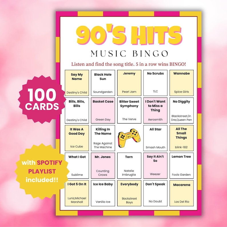 100 90s Hits Music Bingo Game with Spotify Playlist Family Reunion Game Printable Digital Download