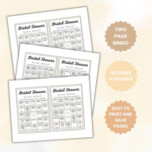 May include: Four sheets of "Bridal Shower Music Bingo" cards are stacked on a light beige background. The cards have a decorative border and are filled with song titles. Text on the right side says "Two Page Bingo", "50 Pages Available", and "Easy to Print and Save Pages".