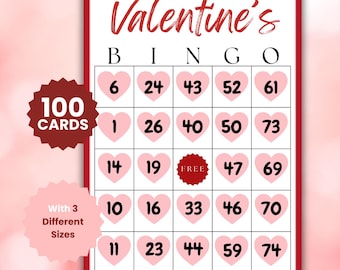 100 tarjetas de bingo de San Valentín: divertido juego de San Valentín, descargas digitales imprimibles.