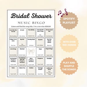 K&ouml;nnte beinhalten: Eine schwarz-wei&szlig;e Bridal Shower Music Bingo-Spielkarte mit Songtiteln und K&uuml;nstlernamen. Enth&auml;lt Spotify-Playlist-Informationen und Anweisungen zum Spielen und Mischen der Songs.