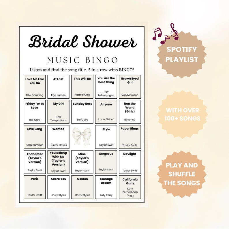 K&ouml;nnte beinhalten: Eine schwarz-wei&szlig;e Bridal Shower Music Bingo-Spielkarte mit Songtiteln und K&uuml;nstlernamen. Enth&auml;lt Spotify-Playlist-Informationen und Anweisungen zum Spielen und Mischen der Songs.