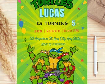May include: A Teenage Mutant Ninja Turtles birthday party invitation. The invitation features the text "LUCAS IS TURNING 5" and the date and time of the party. The invitation has a green background with the Teenage Mutant Ninja Turtles characters.