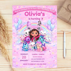 May include: A pink birthday party invitation with the text "You're Invited To A Purr-fect Birthday Party! Olivia's is turning 7." Features a cartoon girl and cat characters, balloons, and rainbow elements. Includes party details.