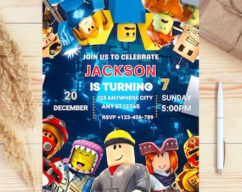 Roblox Invitation, Roblox Invite, Game Party, Roblox Boys Birthday Invitation Template, Game Birthday, Kids Roblox
