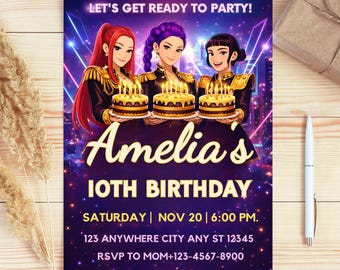 Editable Kpop Demon Hunters Birthday Invitation Template Canva Template | Kpop Anime Invite | Digital Download