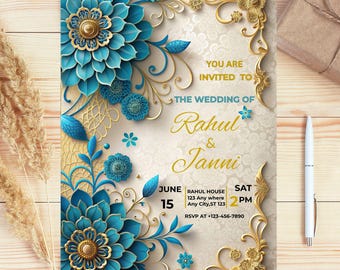 Elegante suite di inviti di nozze floreali stampabili, modello di invito di nozze floreale boho, invito Canva