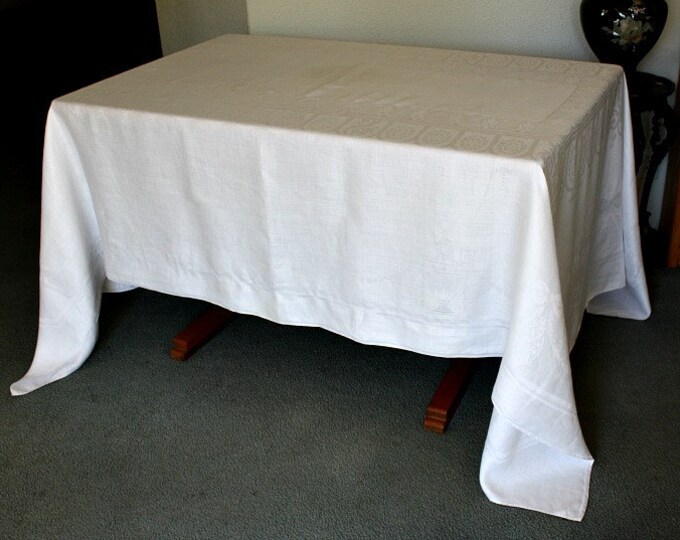 Vintage Large White DAMASK Linen Tablecloth Acanthus Leaves Etsy