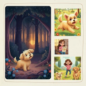 May include: A digital illustration featuring a series of scenes with dogs. One scene shows a worried-looking tan puppy in a forest. Other scenes depict happy dogs in a field, a girl with a "Lost Dog" sign, and children playing with dogs.