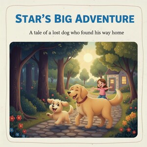 May include: Illustration from a children's book titled "Star's Big Adventure." The image depicts two golden retriever dogs walking on a path in a forest, with a girl running towards them. The text above reads "Star's Big Adventure" and "A tale of a lost dog who found his way home."