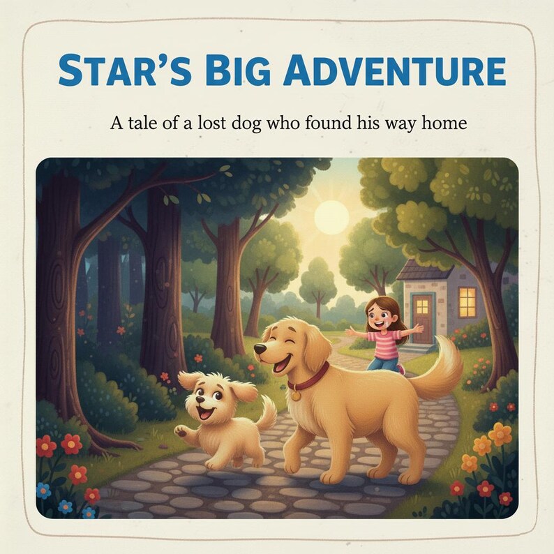 May include: Illustration from a children's book titled "Star's Big Adventure." The image depicts two golden retriever dogs walking on a path in a forest, with a girl running towards them. The text above reads "Star's Big Adventure" and "A tale of a lost dog who found his way home."