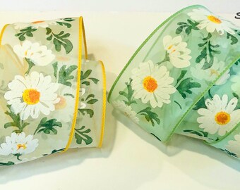 5 Yards Pink Daisies Daisy Flowers Sheer Wired Ribbon 2 1//2/"W