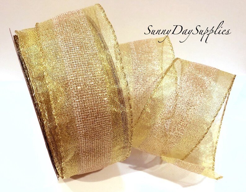 SHEER SHIMMER CREAM WIRE RIBBON METALLIC GOLD EDGE 1 1//2/" 5 YARDS~ XMAS,BOWS