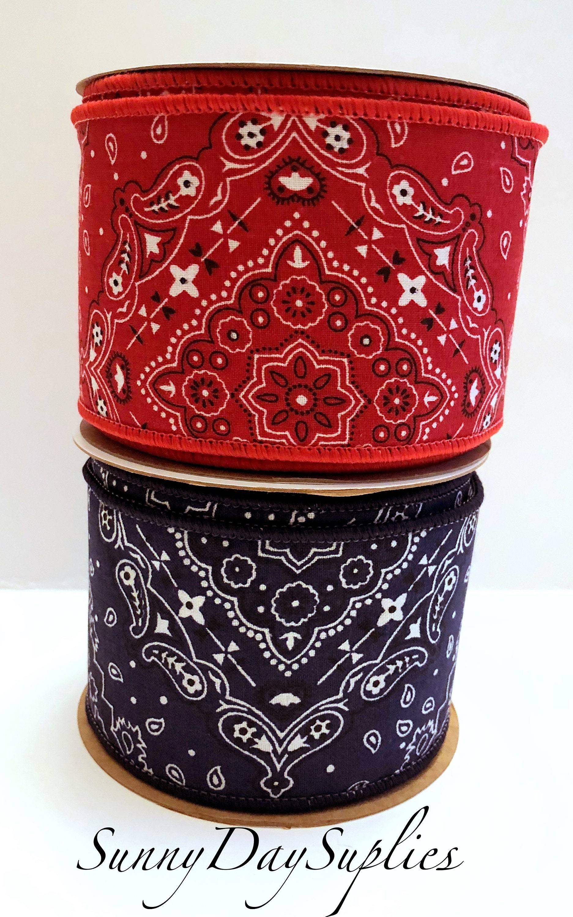 Wired Bandana Ribbon Red and Navy Blue Ribbon 2.5 inches Etsy
