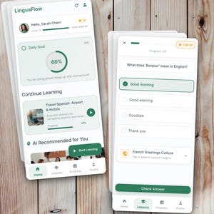 May include: Two smartphones displaying the LinguaFlow app interface. The app features a progress bar, daily goals, and language learning modules. One screen shows a quiz question about the meaning of "Bonjour" in English. The background is a light wood grain.