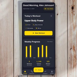 Peut inclure: Capture d'écran d'une application de fitness sur un téléphone portable. L'application affiche "Good Morning, Alex Johnson!" et les détails de l'entraînement "Upper Body Power". Elle comprend la durée de l'entraînement, les calories brûlées et des graphiques de progression hebdomadaire.