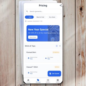 May include: A mobile app screen displaying pricing options for laundry services. The interface includes search functionality, service selections like "Wash & Fold" and "Dry Clean", and a "New Year Special" promotion offering a discount on dry cleaning.