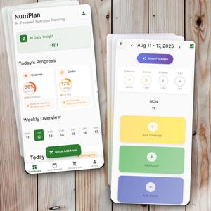 May include: Two mobile phone screens showing the NutriPlan nutrition planning app. The app interface displays daily progress with calorie and carb percentages, and a weekly overview. The second screen shows a meal planner with options to add breakfast, lunch, and dinner.