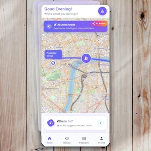 Könnte beinhalten: Mobile App-Oberfläche mit einer London-Karte, die eine Route ab Piccadilly Circus zeigt. Der Bildschirm zeigt "Good Evening!" und bietet KI-gestützte Fahrvorhersagen. Navigation: Home, Verlauf, Zahlungen und Profil.