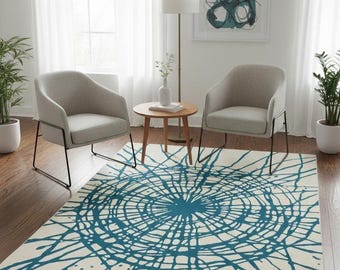 Hand Tufted Abstract Area Rug, Teal Ivory Designer Carpet