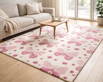 Hand-Tufted Wool Butterfly Rug, Soft Cream Ivory Girls Room Carpet