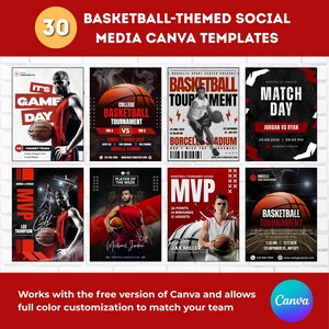May include: A collection of basketball-themed social media Canva templates. The templates feature basketball players, tournament details, and the text "It's Game Day," "College Basketball Tournament," and "MVP." The templates are in red, black, and white.