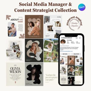 May include: A collection of Pinterest-inspired templates for social media managers and content strategists. The design features a variety of layouts, including photo frames, quotes, and profile mockups, all in a neutral color palette with the Canva logo.