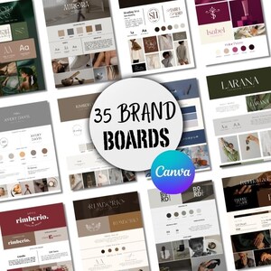 Peut inclure: Une collection de 35 planches de marque, chacune avec un design et une mise en page uniques. Les planches présentent diverses palettes de couleurs, polices et images, avec le mot "Canva" et le texte "35 BRAND BOARDS".