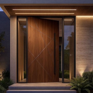 May include: A modern wooden front door with a geometric design, partially open, revealing a glimpse of the interior. The door is framed by glass panels and illuminated by warm lighting. The exterior features a stone facade and lush greenery.