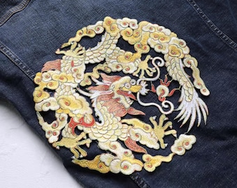 Gold Dragon Embroidered Patch: Cosplay Dress, Jeans Decor (25.5x26cm)