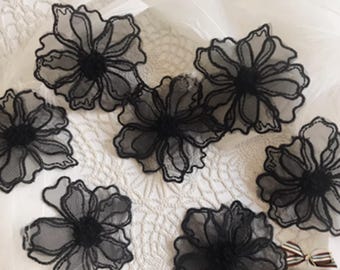 Black Organza Flower Appliques: Embroidery Patches, DIY Clothing Decoration - 10pcs