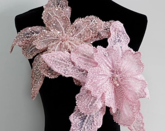 Hight Quality Big Size Pink and Champagne-colored Pink Flowers Color  Bead Style Flower Appliques: Embroidery Patches,Applique