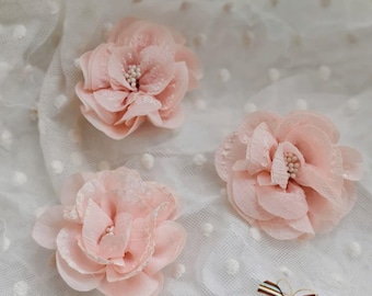 Orange Pink Color Chiffon Flower Appliques: Embroidery Patches,Applique  (5pcs)