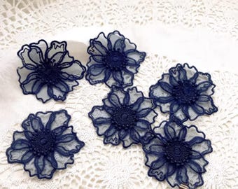 Free shipping-Navy Blue Organza Flowers - Embroidery Appliques - 10 PCS