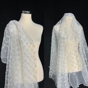 Off-white color mesh fabric with sequin and bead plaid pattern, decorative fabric for skirts, embroidered mesh fabric
