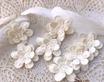 Cream White Color Double-layered Flowers Applique Patches: Embroidery DIY Embellishments (10pcs)