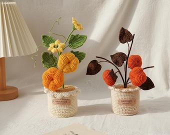 Handmade Crochet Potted Plant, Knitted Fruit Decor with Lychee Persimmon Pumpkin Grape, Cute Tabletop Decoration, Unique Gift for Home