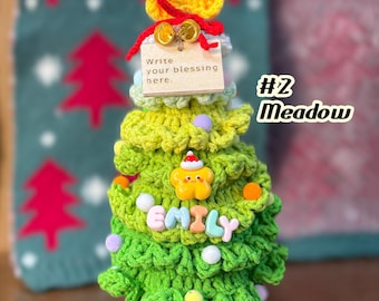 Custom Crochet Christmas Tree Decoration, Handmade Colorful Tabletop Ornament with Personalized Wooden Tag & Name.