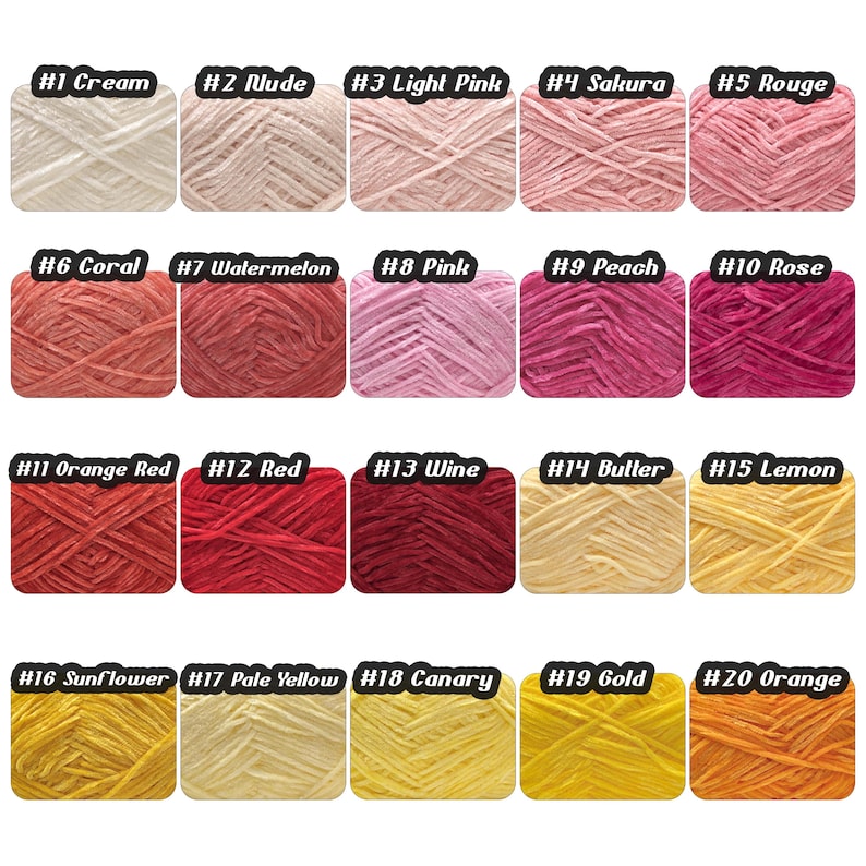 Puede incluir: Una carta de colores de madejas de hilo, cada una etiquetada con un n&uacute;mero y nombre de color. Los colores van desde crema y nude hasta rosa claro, rojo y amarillo. La imagen muestra una variedad de tonos, incluyendo coral, vino y oro, ideal para proyectos de manualidades.