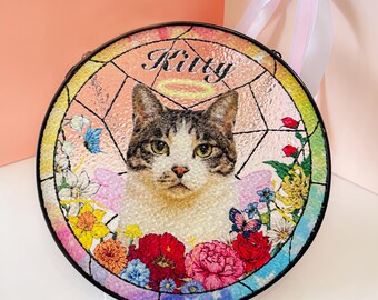 Custom Pet Portrait Stained Glass Suncatcher: Memorial Ornament.