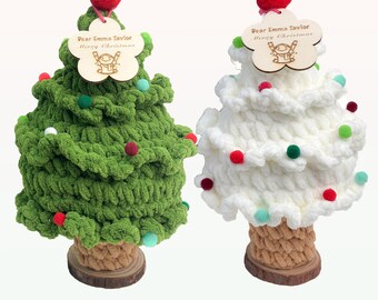 Handmade Crochet Christmas Tree with Personalized Wooden Tag.