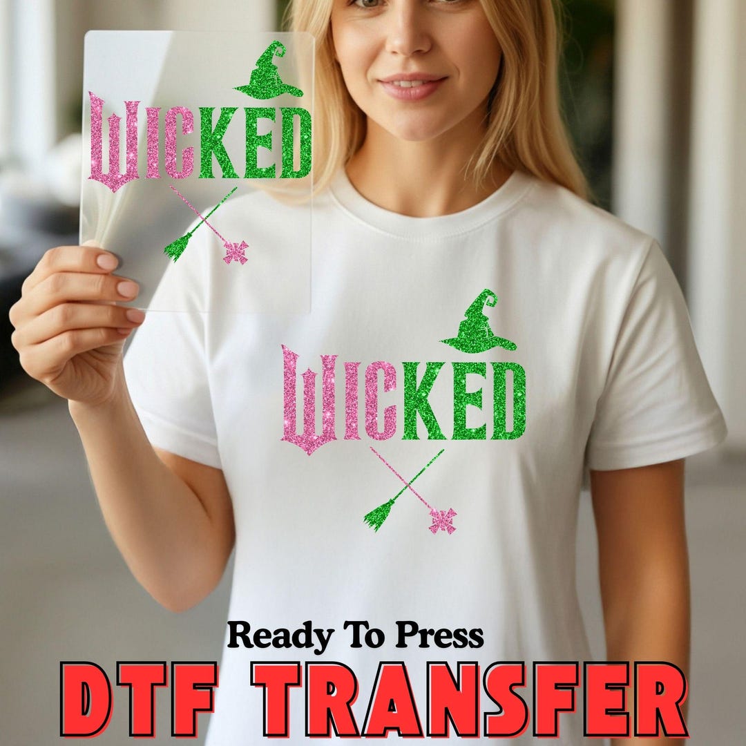 Glitter Wicked DTF Transfer, Pink & Green Coquette Wizard Musical Ready ...