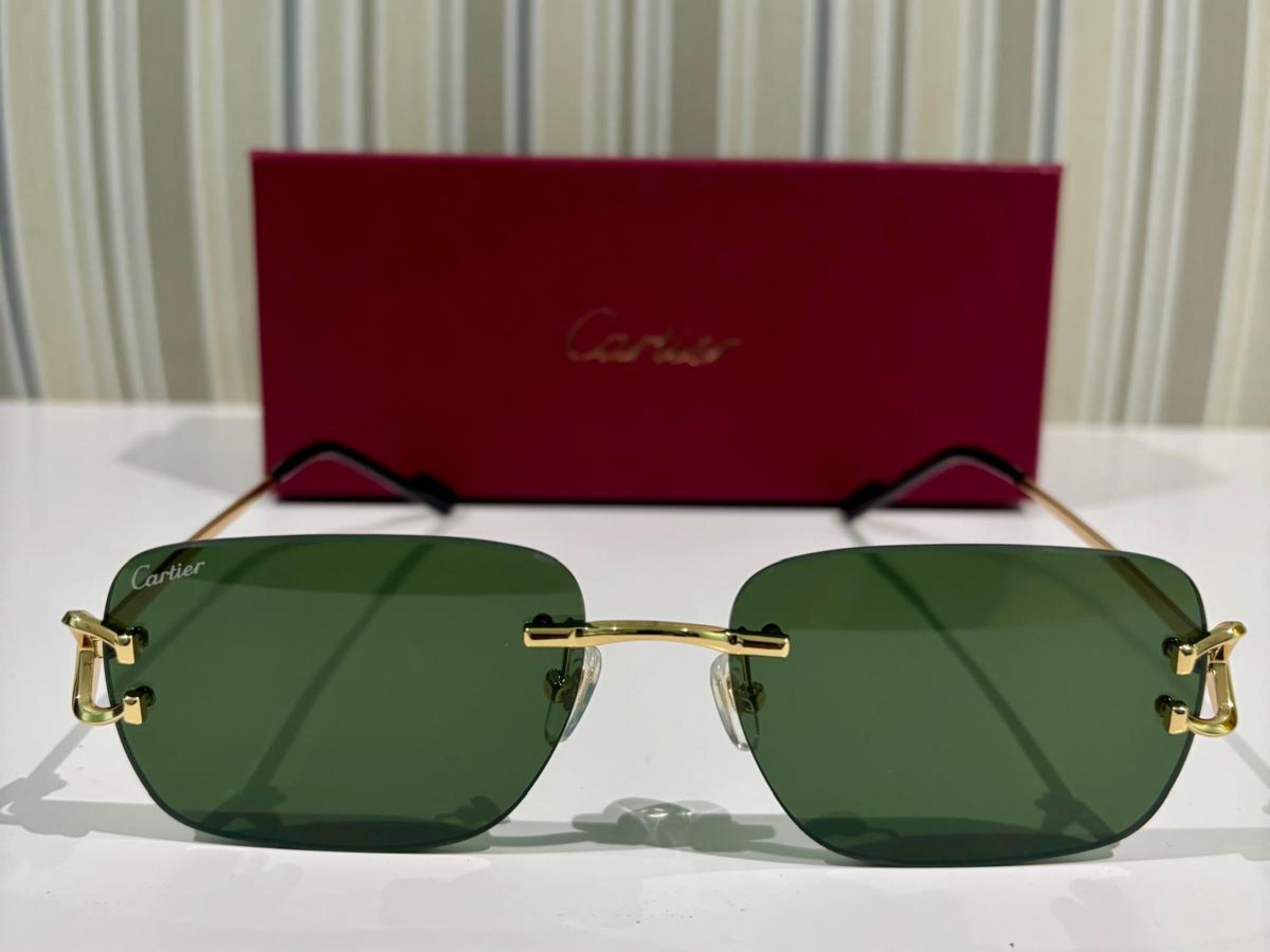 Cartier Gold Rimless Frame Green Lens Sunglasses, Mod  display picture 2