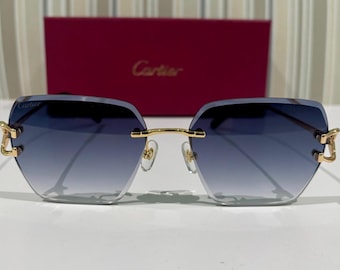 Cartier zwartgouden montuur met blauwe lens zonnebril, mod#CT0466S vintage unieke brillen, Valentijnsdagcadeau, cadeau voor haar, paascadeau