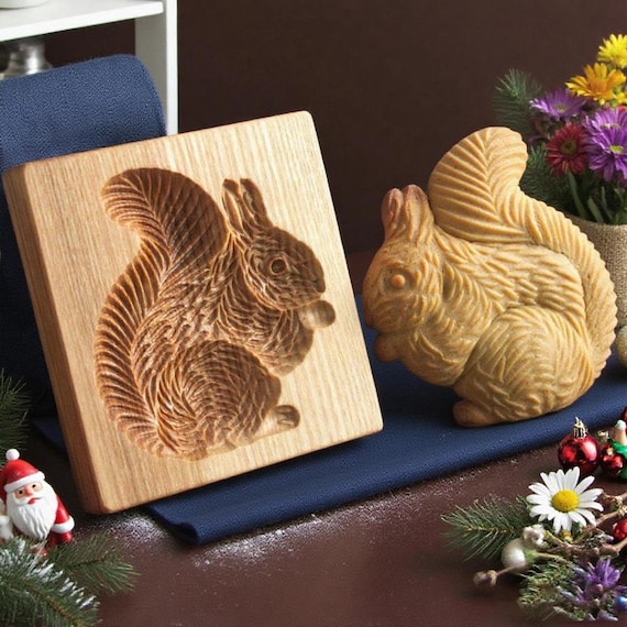 Squirrel Cookie Mold: Wooden Embosser, Baking Gift