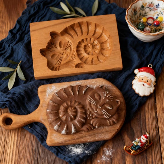Sleeping Cat Biscuit Mold: Cookie Mold Wood, Holiday Baking Cutter