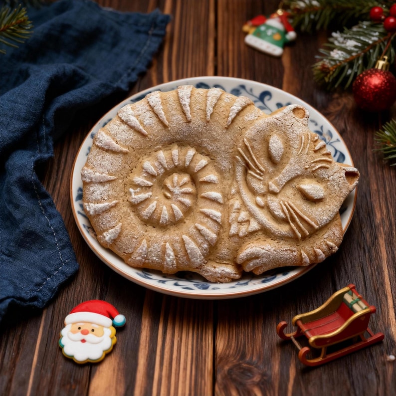 May include: A baked pastry in the shape of a sleeping cat on a decorative plate. The pastry is light brown with powdered sugar accents. Christmas decorations, including a Santa Claus cookie and a red sleigh, surround the plate on a wooden surface.