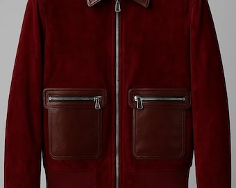 Men's Red Pure Suede Genuine Leather Bomber Jacket Premium Party Wear Coat/Red Suede Leather Men jacket/Men Leather Jacket