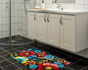 Colorful Floral Pattern Bathroom Rug, Modern Bath Mat, Non-Slip Round Bath Rug , Soft and Washable Rug, Home Decor Gift, Quick Dry Bath Mat